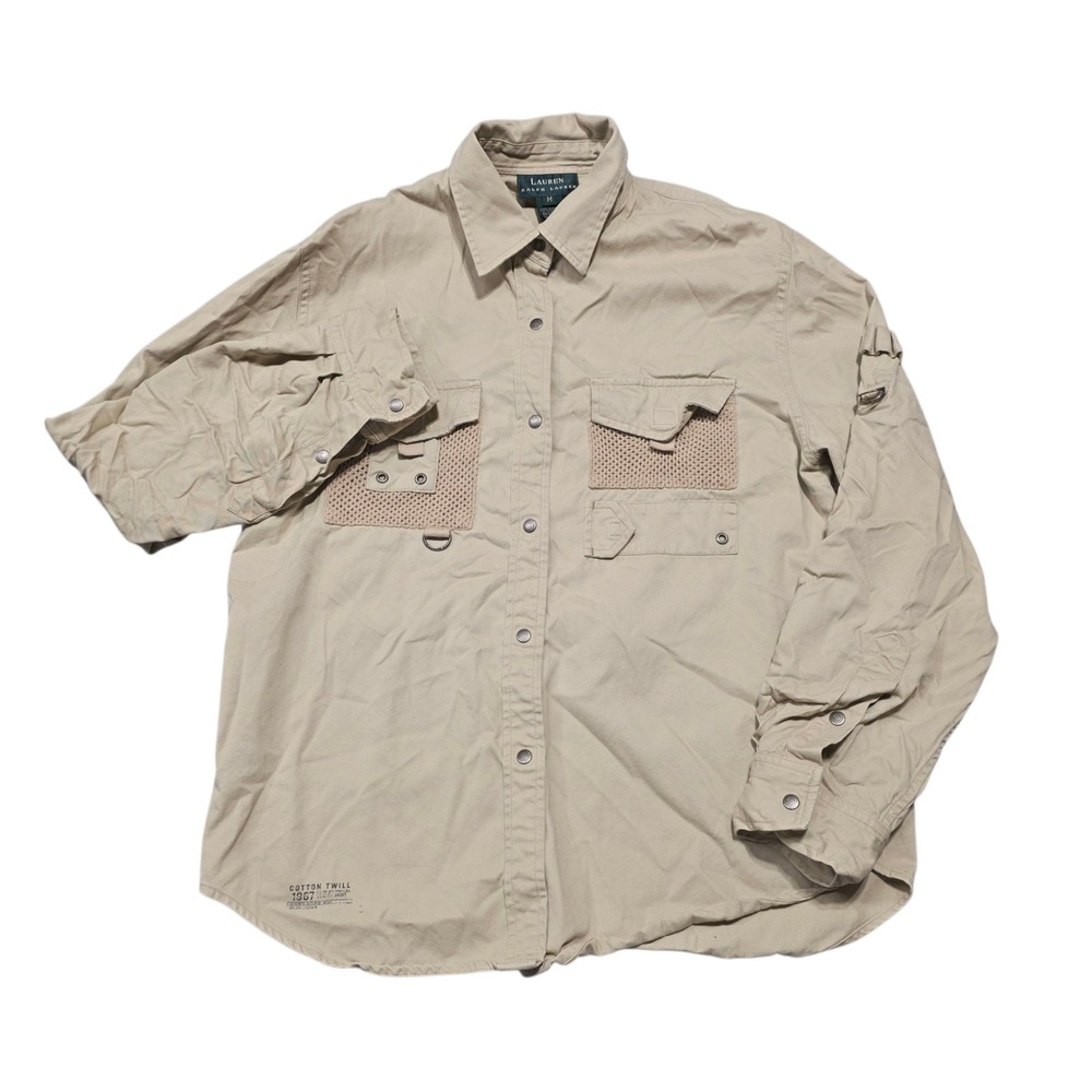 Lauren Ralph Lauren Womens Beige Cotton Twill Roll Tab‎ Sleeve Utility Shirt M